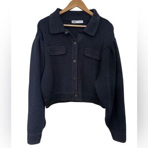 Zara Heavy Knit Cropped Jacket Navy Puff Sleeve Large